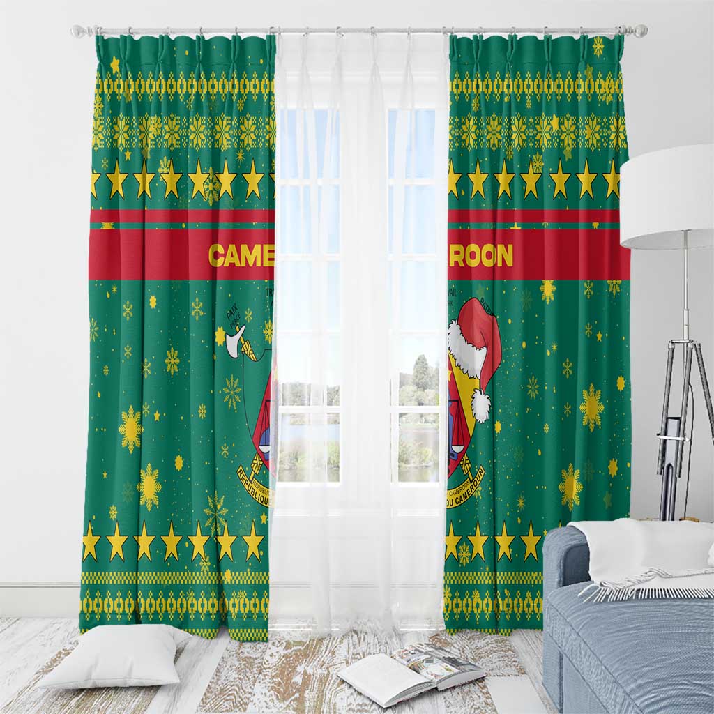 Cameroon Christmas Window Curtain with Green Red Pattern Coat of Arms Santa Hat and Stars Motif - Wonder Print Shop