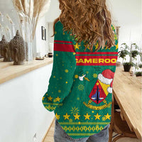 Cameroon Christmas Women Casual Shirt with Green Red Pattern Coat of Arms Santa Hat and Stars Motif - Wonder Print Shop