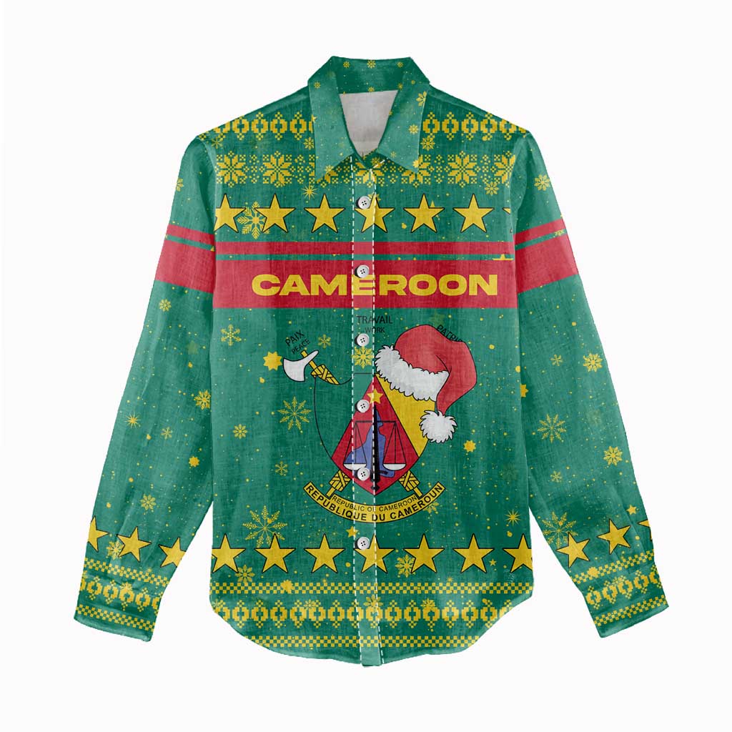 Cameroon Christmas Women Casual Shirt with Green Red Pattern Coat of Arms Santa Hat and Stars Motif - Wonder Print Shop