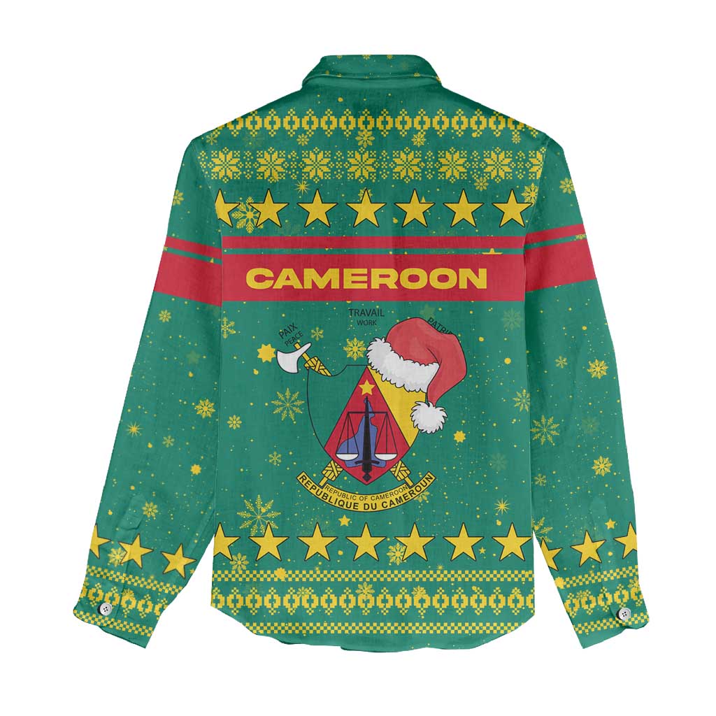 Cameroon Christmas Women Casual Shirt with Green Red Pattern Coat of Arms Santa Hat and Stars Motif - Wonder Print Shop