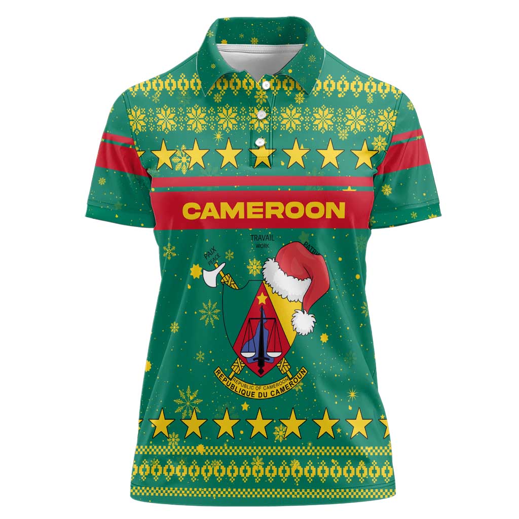 Cameroon Christmas Women Polo Shirt with Green Red Pattern Coat of Arms Santa Hat and Stars Motif - Wonder Print Shop