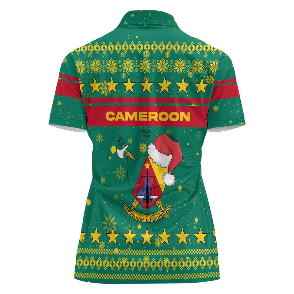 Cameroon Christmas Women Polo Shirt with Green Red Pattern Coat of Arms Santa Hat and Stars Motif - Wonder Print Shop
