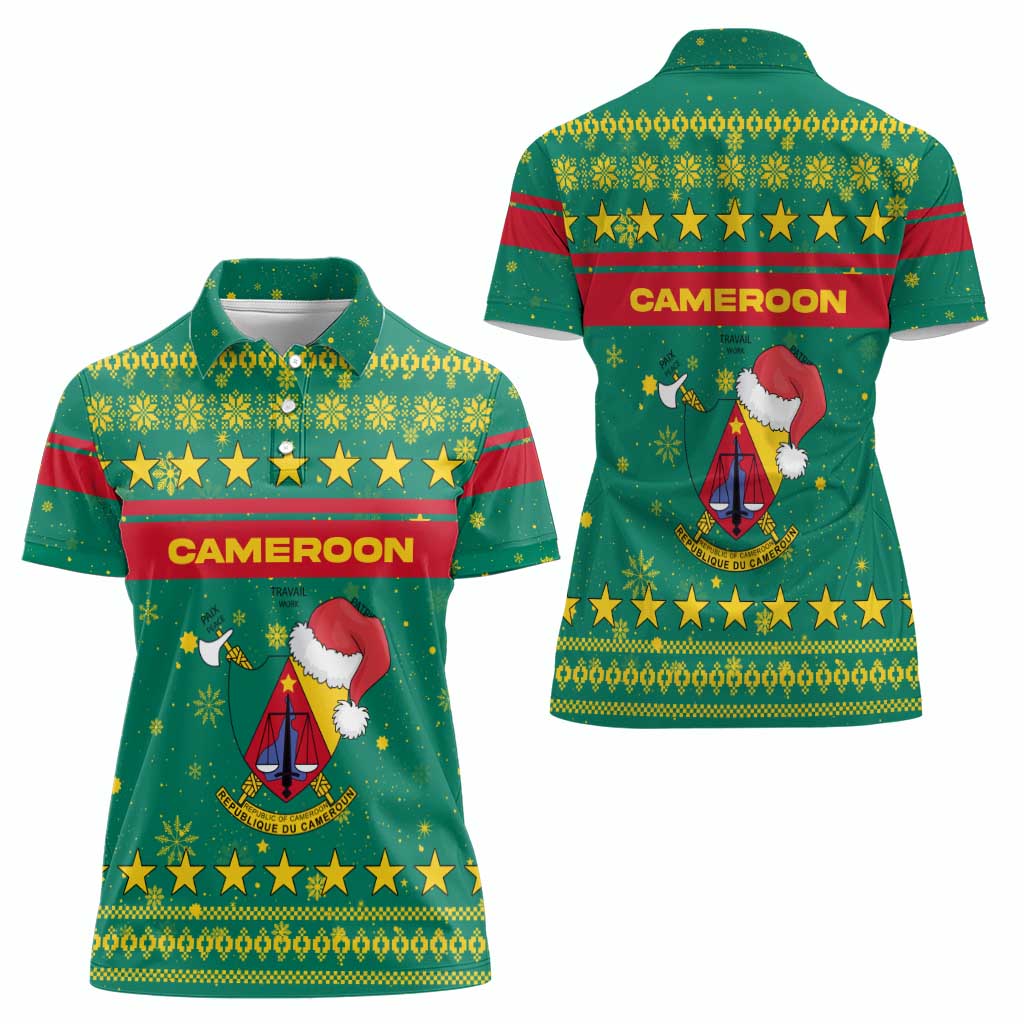 Cameroon Christmas Women Polo Shirt with Green Red Pattern Coat of Arms Santa Hat and Stars Motif - Wonder Print Shop