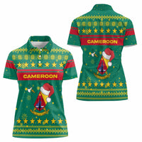 Cameroon Christmas Women Polo Shirt with Green Red Pattern Coat of Arms Santa Hat and Stars Motif - Wonder Print Shop