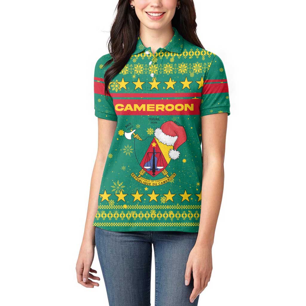 Cameroon Christmas Women Polo Shirt with Green Red Pattern Coat of Arms Santa Hat and Stars Motif - Wonder Print Shop