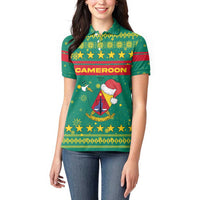 Cameroon Christmas Women Polo Shirt with Green Red Pattern Coat of Arms Santa Hat and Stars Motif - Wonder Print Shop
