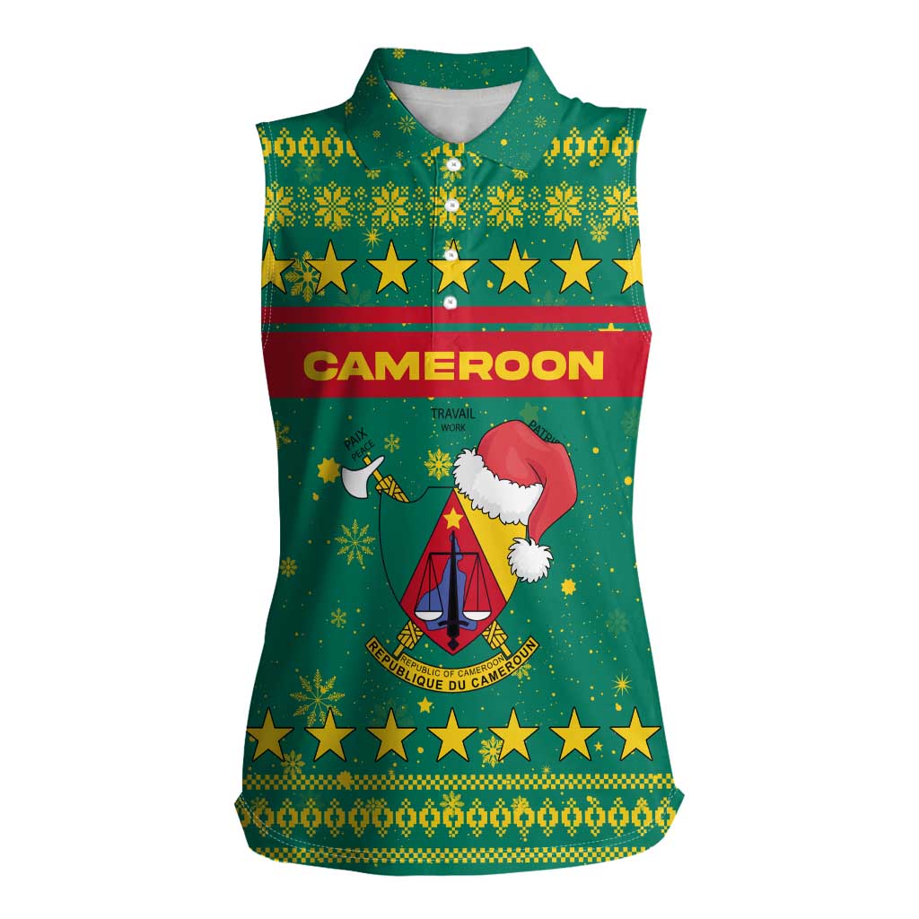Cameroon Christmas Women Sleeveless Polo Shirt with Green Red Pattern Coat of Arms Santa Hat and Stars Motif - Wonder Print Shop