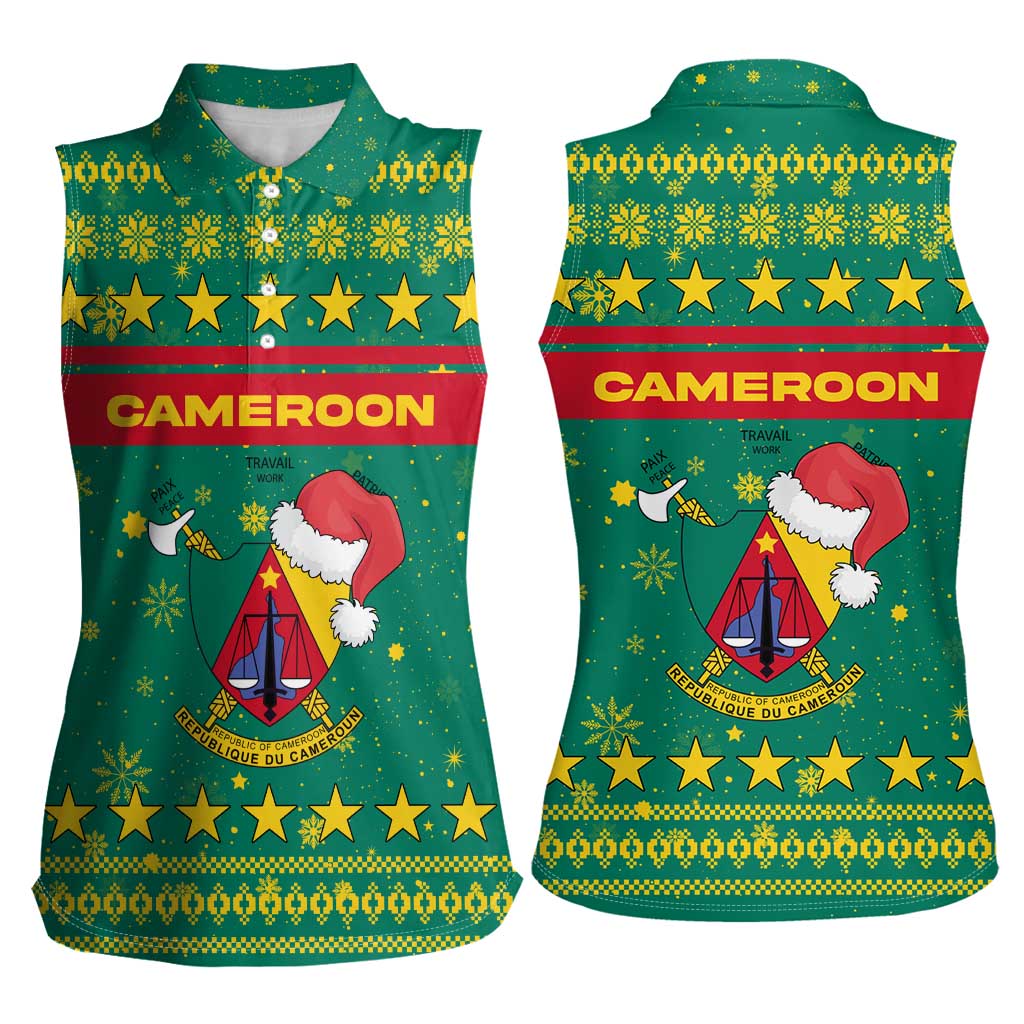 Cameroon Christmas Women Sleeveless Polo Shirt with Green Red Pattern Coat of Arms Santa Hat and Stars Motif - Wonder Print Shop