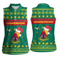 Cameroon Christmas Women Sleeveless Polo Shirt with Green Red Pattern Coat of Arms Santa Hat and Stars Motif - Wonder Print Shop