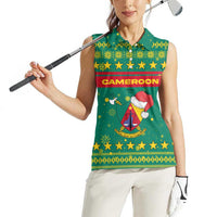Cameroon Christmas Women Sleeveless Polo Shirt with Green Red Pattern Coat of Arms Santa Hat and Stars Motif - Wonder Print Shop