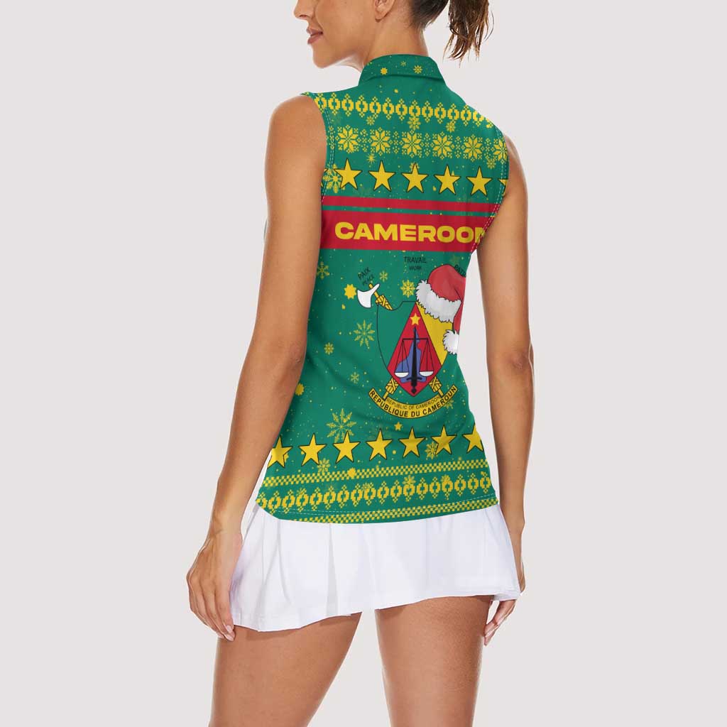 Cameroon Christmas Women Sleeveless Polo Shirt with Green Red Pattern Coat of Arms Santa Hat and Stars Motif - Wonder Print Shop