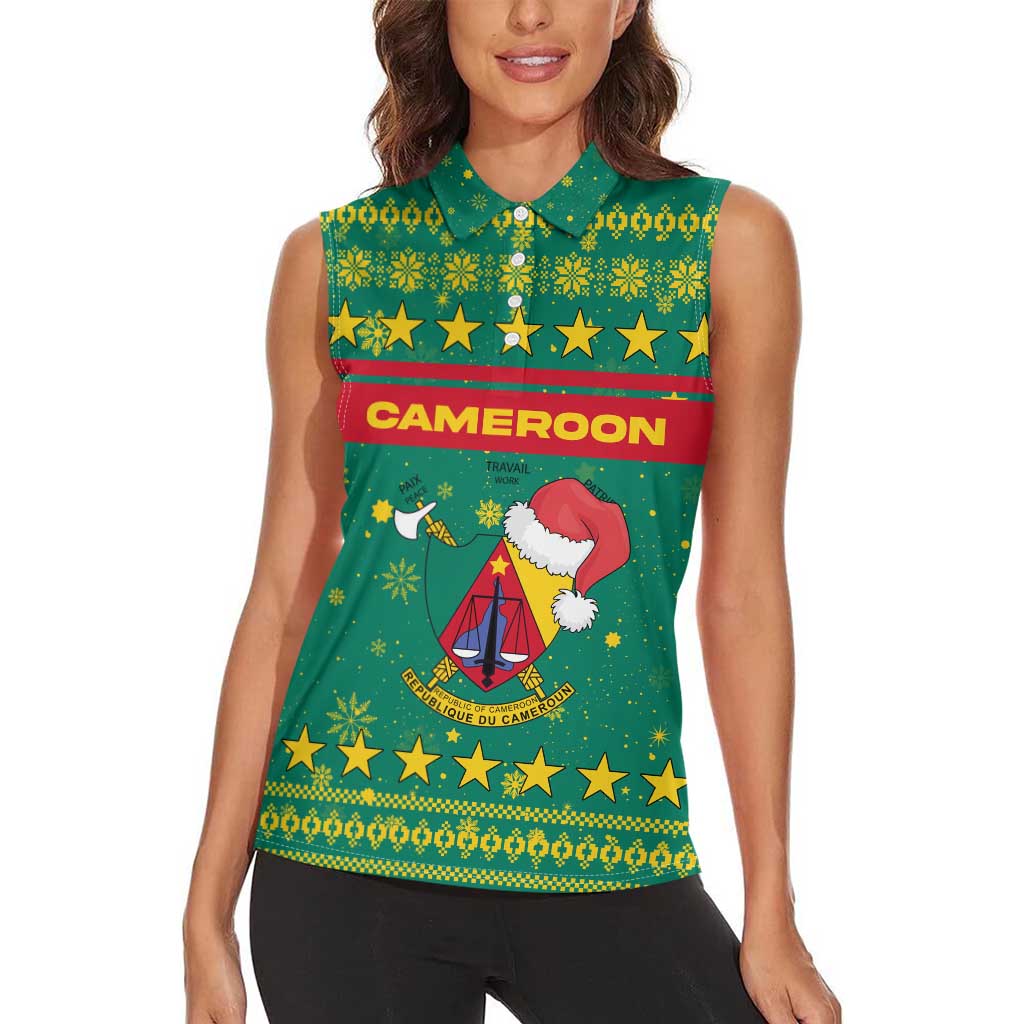 Cameroon Christmas Women Sleeveless Polo Shirt with Green Red Pattern Coat of Arms Santa Hat and Stars Motif - Wonder Print Shop