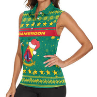 Cameroon Christmas Women Sleeveless Polo Shirt with Green Red Pattern Coat of Arms Santa Hat and Stars Motif - Wonder Print Shop