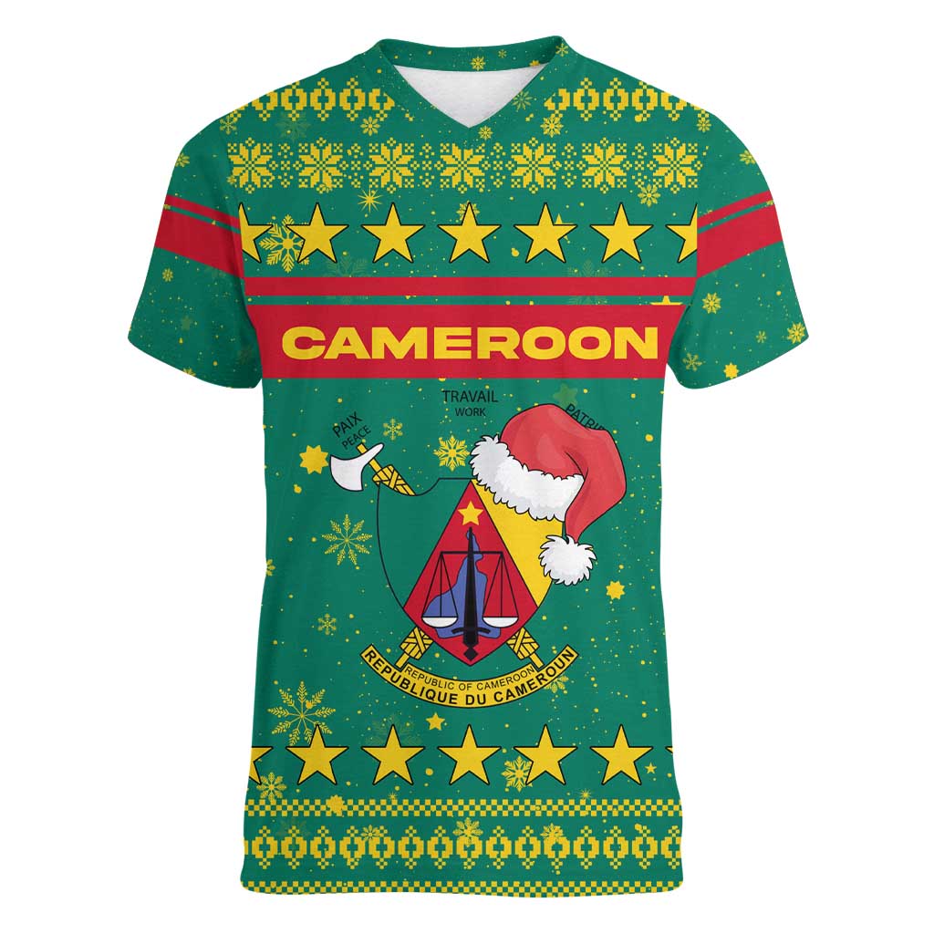 Cameroon Christmas Women V-Neck T-Shirt with Green Red Pattern Coat of Arms Santa Hat and Stars Motif - Wonder Print Shop