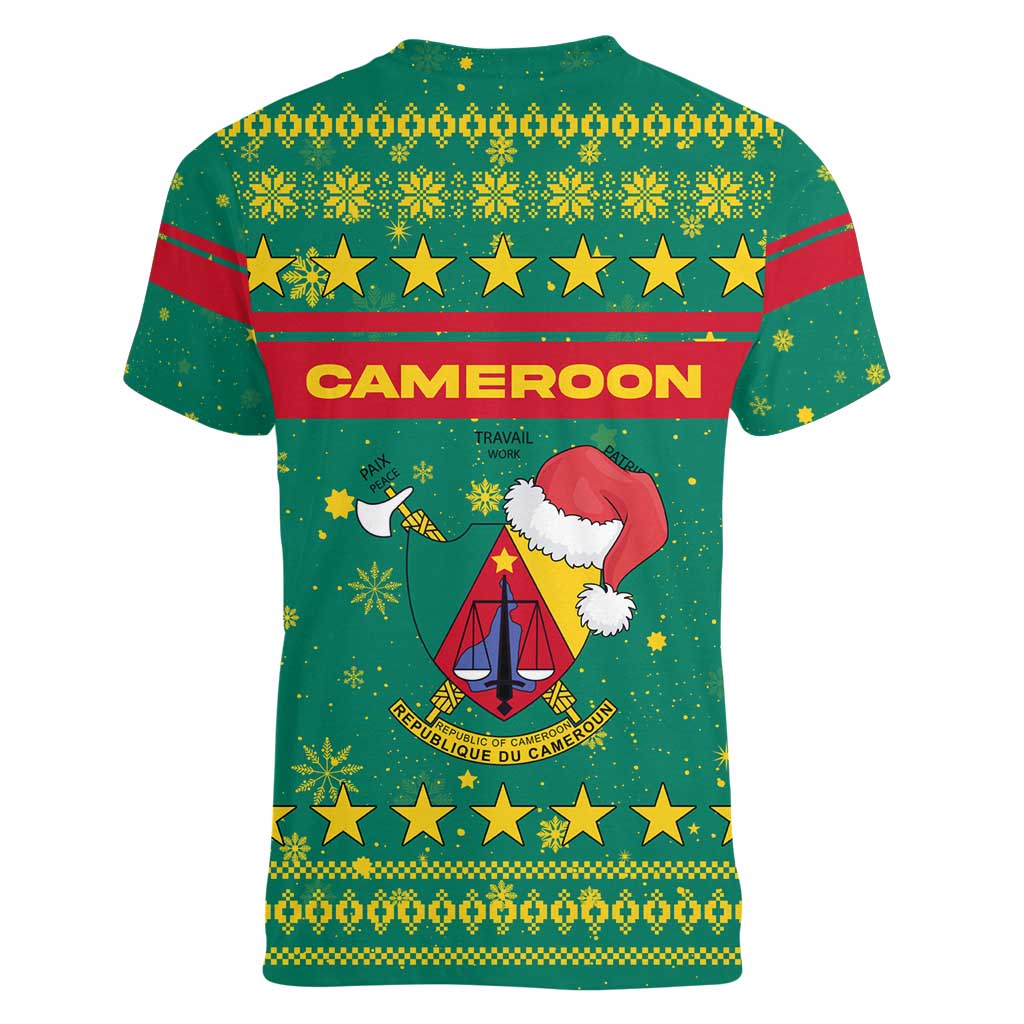 Cameroon Christmas Women V-Neck T-Shirt with Green Red Pattern Coat of Arms Santa Hat and Stars Motif - Wonder Print Shop
