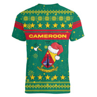 Cameroon Christmas Women V-Neck T-Shirt with Green Red Pattern Coat of Arms Santa Hat and Stars Motif - Wonder Print Shop