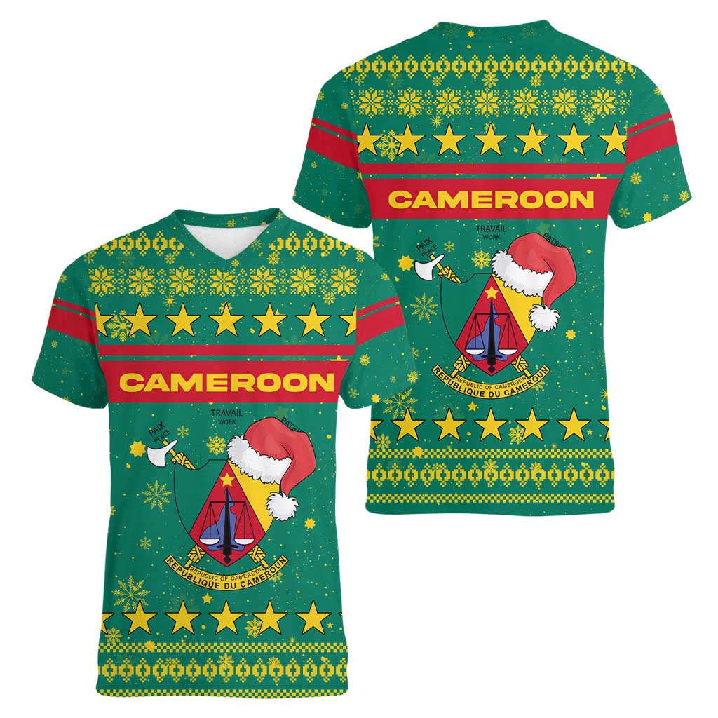 Cameroon Christmas Women V-Neck T-Shirt with Green Red Pattern Coat of Arms Santa Hat and Stars Motif - Wonder Print Shop