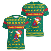 Cameroon Christmas Women V-Neck T-Shirt with Green Red Pattern Coat of Arms Santa Hat and Stars Motif - Wonder Print Shop