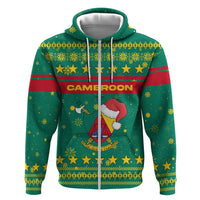 Cameroon Christmas Zip Hoodie with Green Red Pattern Coat of Arms Santa Hat and Stars Motif - Wonder Print Shop