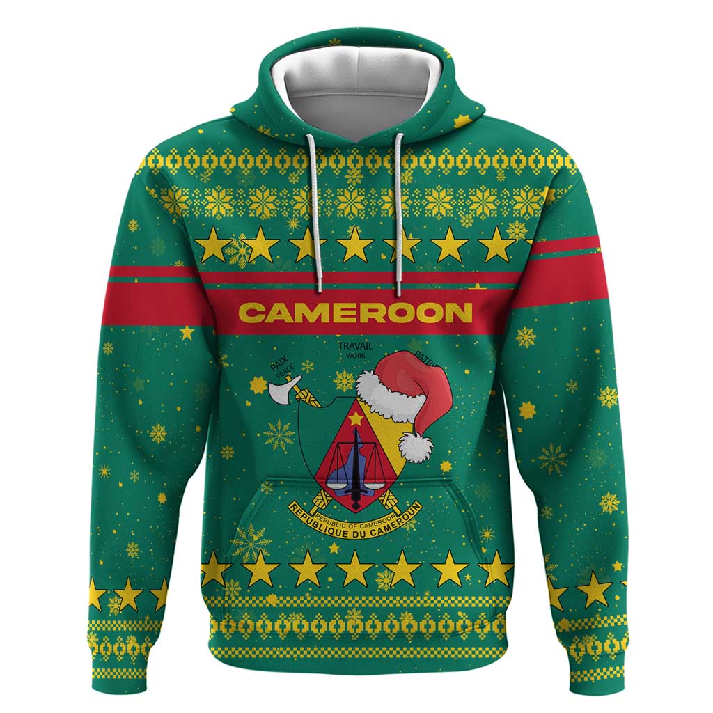Cameroon Christmas Zip Hoodie with Green Red Pattern Coat of Arms Santa Hat and Stars Motif - Wonder Print Shop