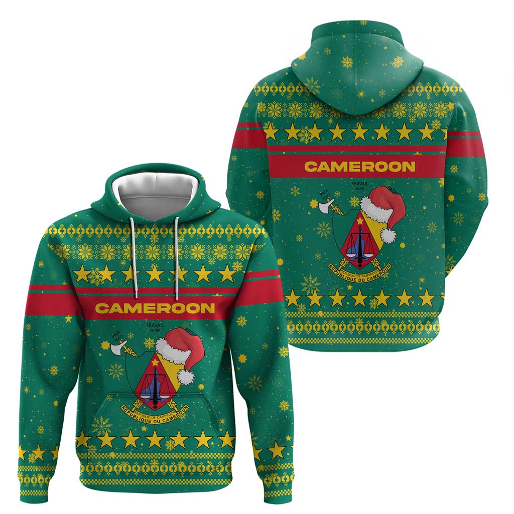 Cameroon Christmas Zip Hoodie with Green Red Pattern Coat of Arms Santa Hat and Stars Motif - Wonder Print Shop