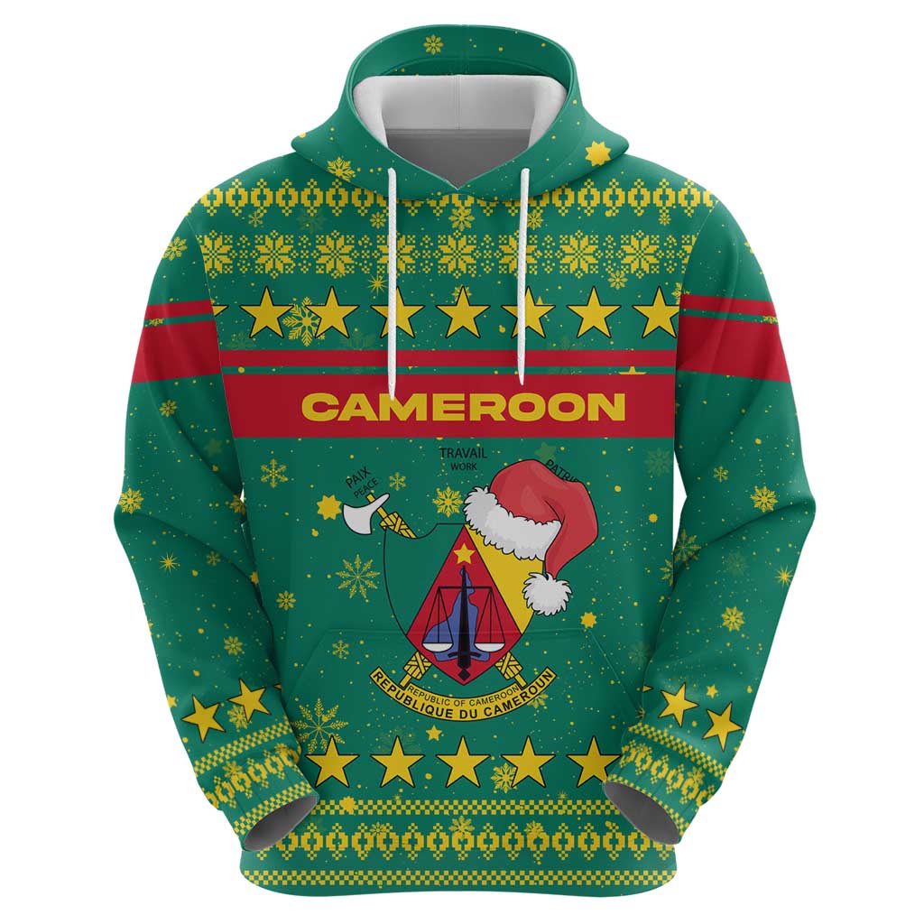Cameroon Christmas Zip Hoodie with Green Red Pattern Coat of Arms Santa Hat and Stars Motif - Wonder Print Shop