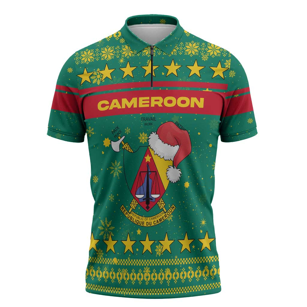 Cameroon Christmas Zipper Polo Shirt with Green Red Pattern Coat of Arms Santa Hat and Stars Motif - Wonder Print Shop