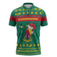 Cameroon Christmas Zipper Polo Shirt with Green Red Pattern Coat of Arms Santa Hat and Stars Motif - Wonder Print Shop