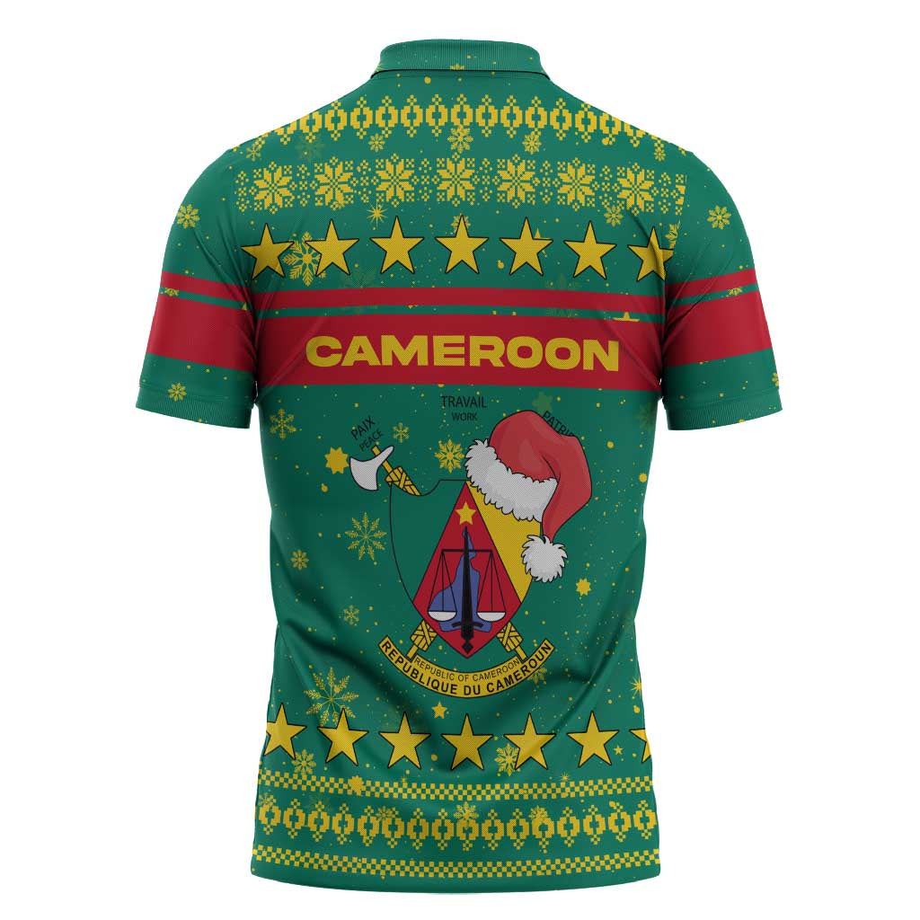Cameroon Christmas Zipper Polo Shirt with Green Red Pattern Coat of Arms Santa Hat and Stars Motif - Wonder Print Shop