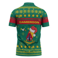 Cameroon Christmas Zipper Polo Shirt with Green Red Pattern Coat of Arms Santa Hat and Stars Motif - Wonder Print Shop