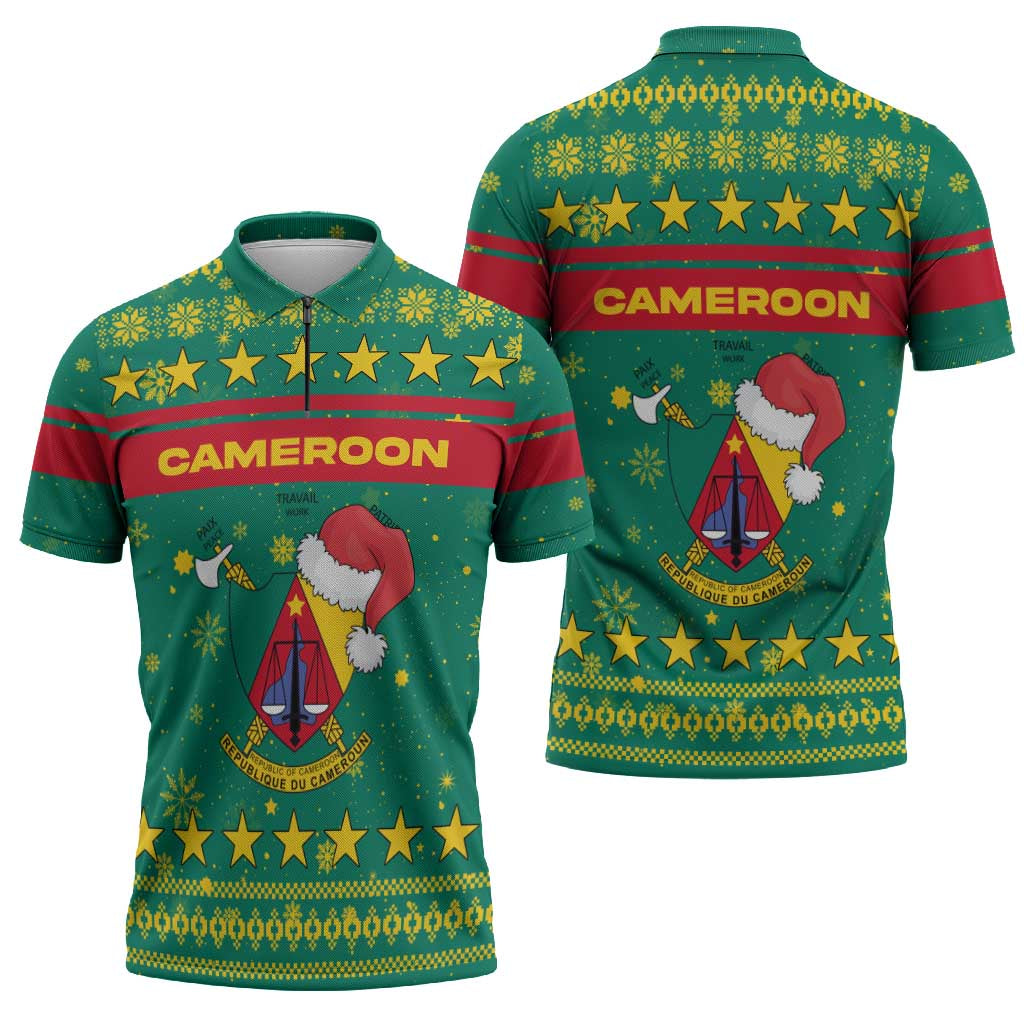 Cameroon Christmas Zipper Polo Shirt with Green Red Pattern Coat of Arms Santa Hat and Stars Motif - Wonder Print Shop