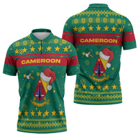 Cameroon Christmas Zipper Polo Shirt with Green Red Pattern Coat of Arms Santa Hat and Stars Motif - Wonder Print Shop
