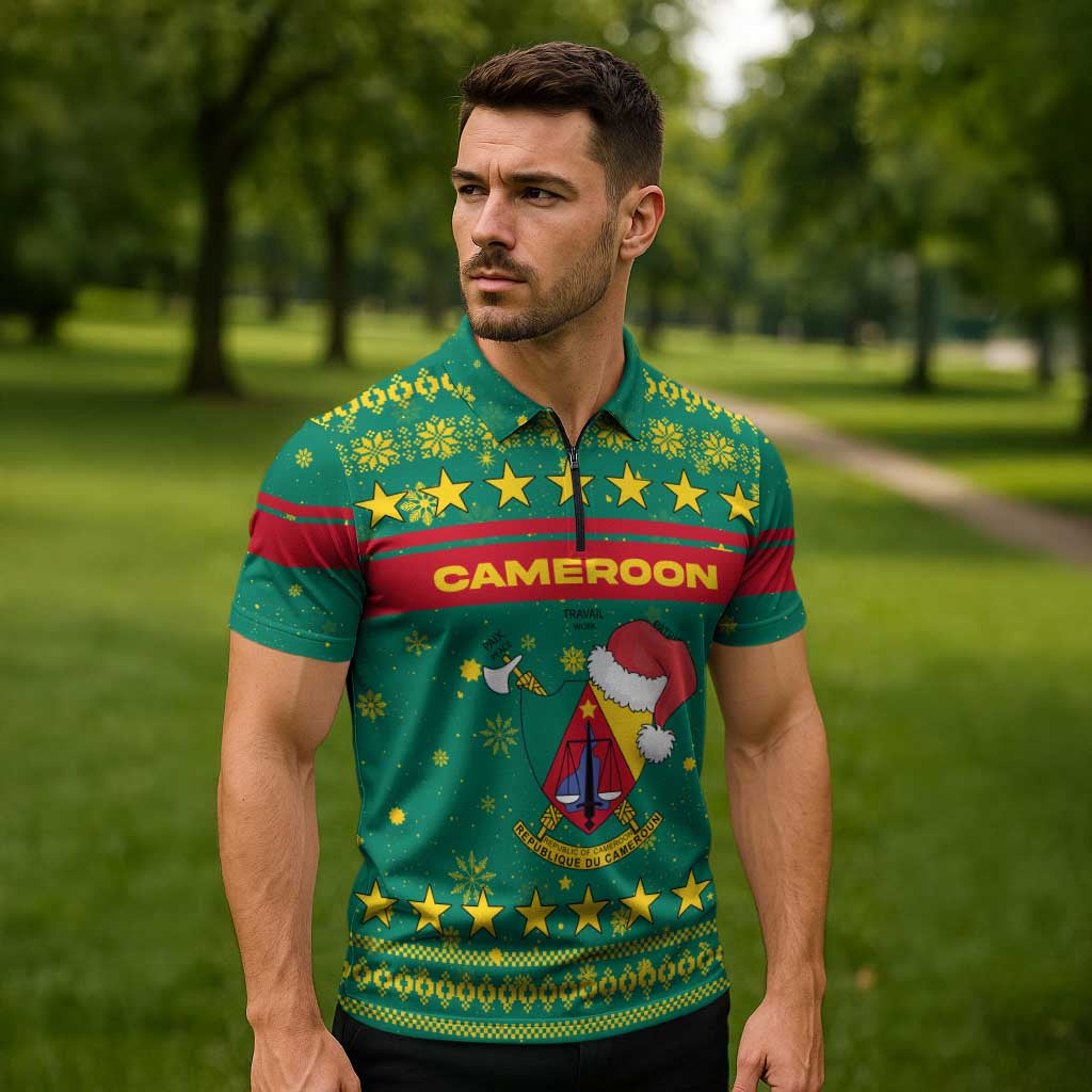 Cameroon Christmas Zipper Polo Shirt with Green Red Pattern Coat of Arms Santa Hat and Stars Motif - Wonder Print Shop