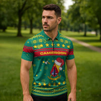 Cameroon Christmas Zipper Polo Shirt with Green Red Pattern Coat of Arms Santa Hat and Stars Motif - Wonder Print Shop