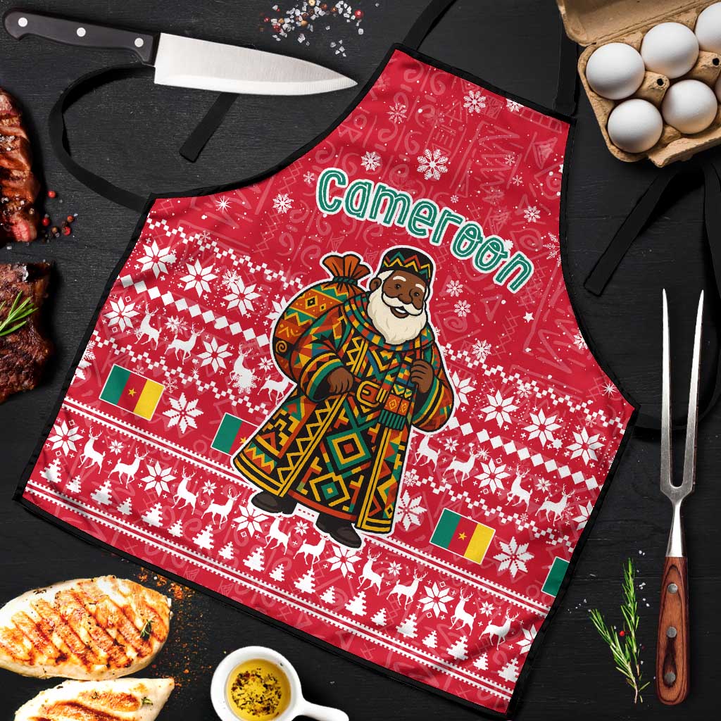 Cameroon Christmas Apron with Red Snowflake Pattern Traditional Santa and Map Motif - Wonder Print Shop