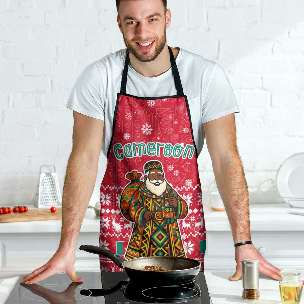 Cameroon Christmas Apron with Red Snowflake Pattern Traditional Santa and Map Motif - Wonder Print Shop