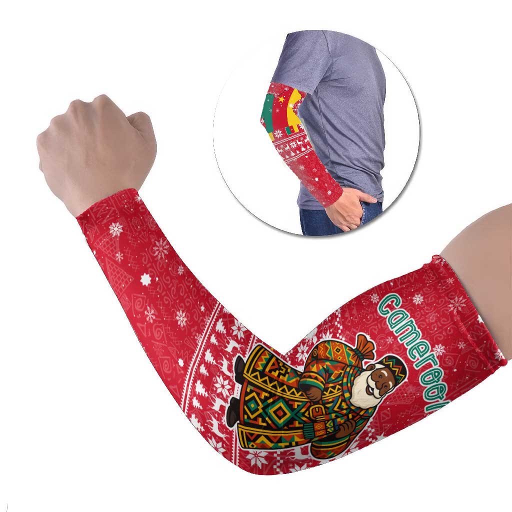Cameroon Christmas Arm Sleeves with Red Snowflake Pattern Traditional Santa and Map Motif - Wonder Print Shop