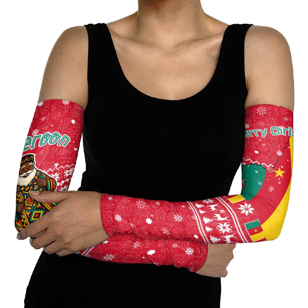 Cameroon Christmas Arm Sleeves with Red Snowflake Pattern Traditional Santa and Map Motif - Wonder Print Shop