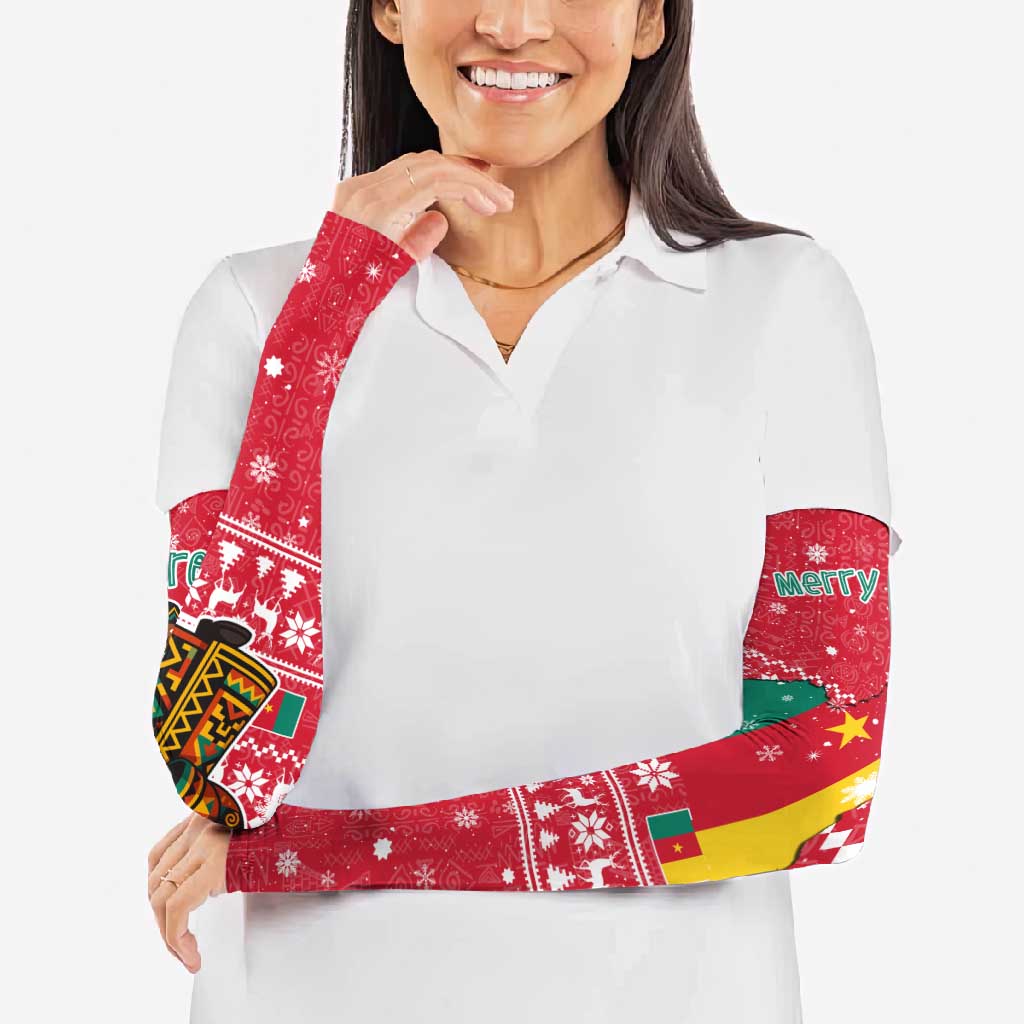 Cameroon Christmas Arm Sleeves with Red Snowflake Pattern Traditional Santa and Map Motif - Wonder Print Shop