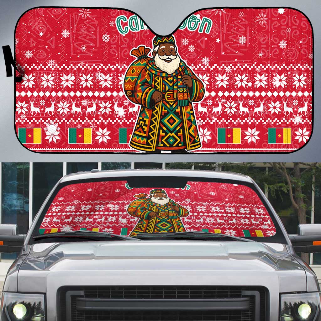 Cameroon Christmas Auto Sun Shade with Red Snowflake Pattern Traditional Santa and Map Motif - Wonder Print Shop