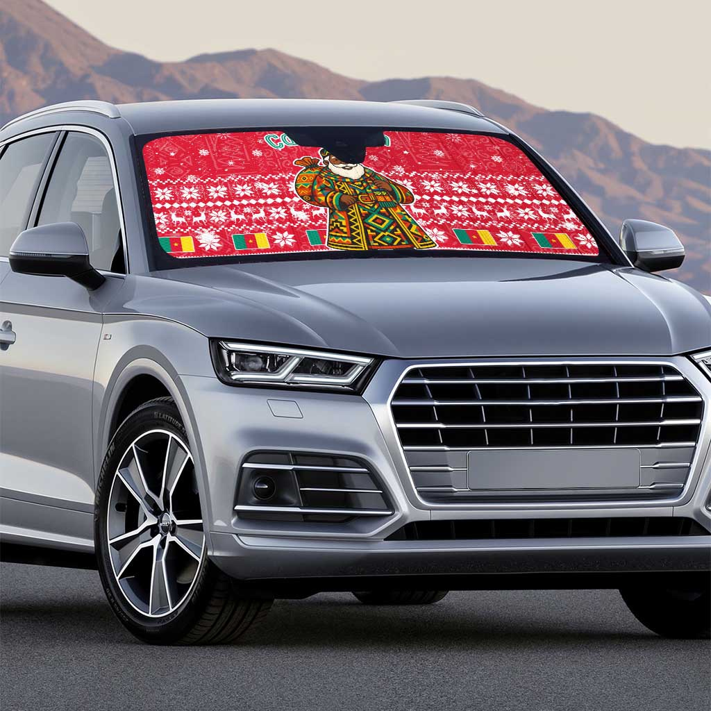 Cameroon Christmas Auto Sun Shade with Red Snowflake Pattern Traditional Santa and Map Motif - Wonder Print Shop