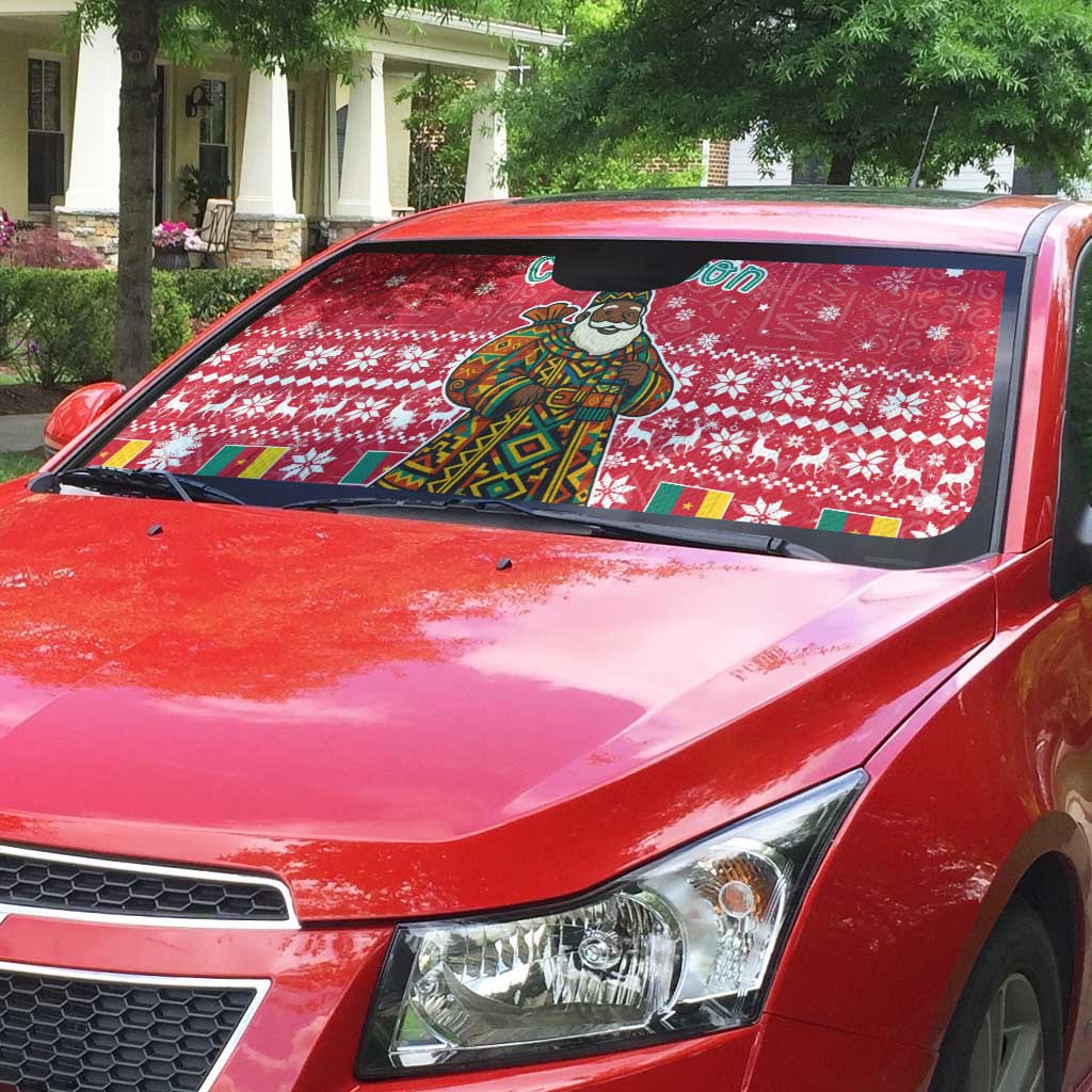 Cameroon Christmas Auto Sun Shade with Red Snowflake Pattern Traditional Santa and Map Motif - Wonder Print Shop