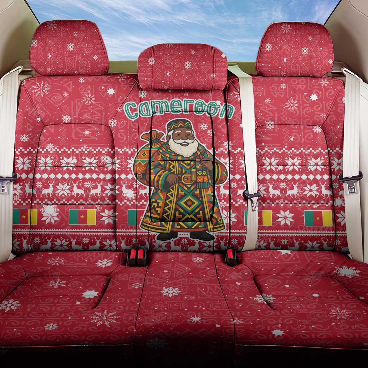 Cameroon Christmas Back Car Seat Cover with Red Snowflake Pattern Traditional Santa and Map Motif - Wonder Print Shop