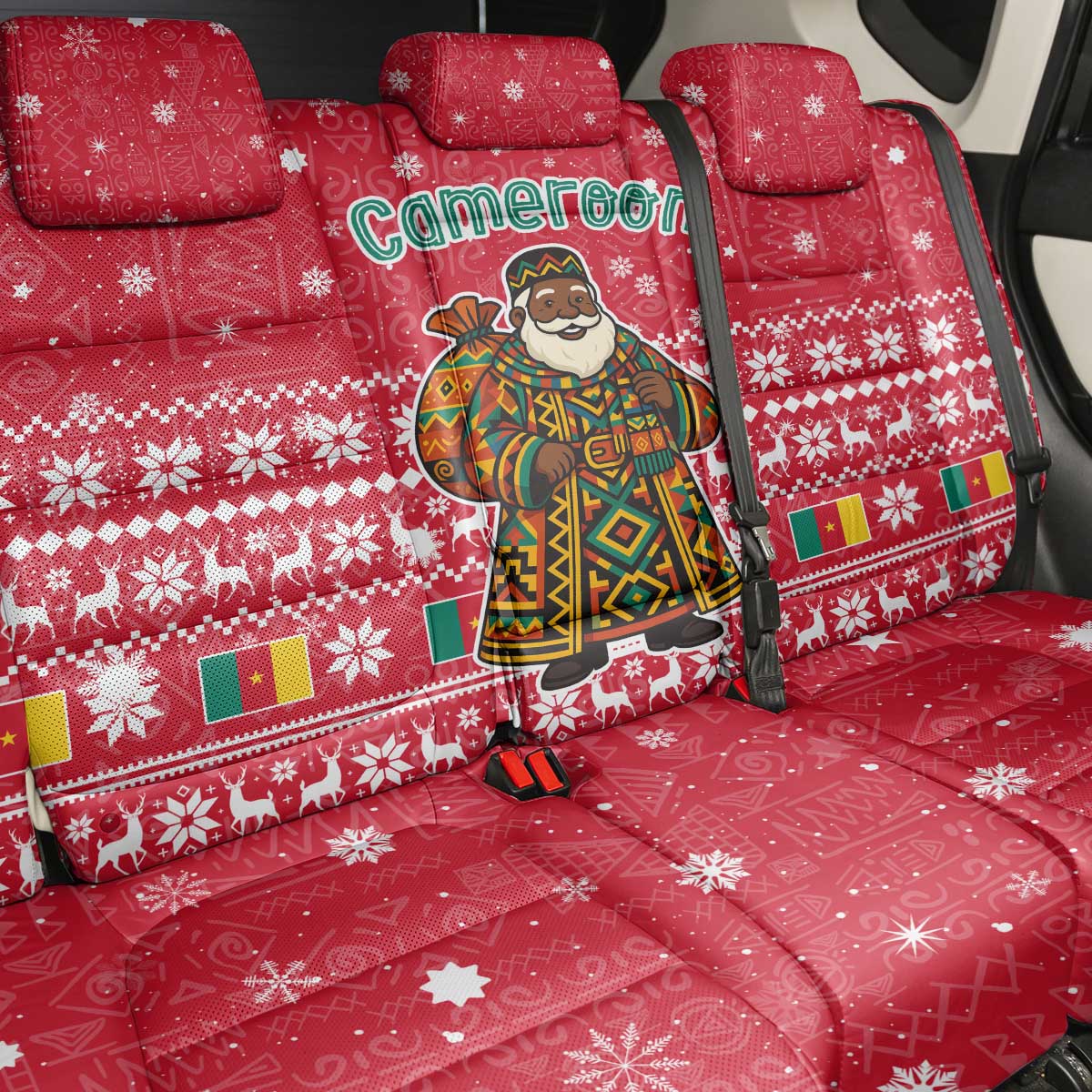 Cameroon Christmas Back Car Seat Cover with Red Snowflake Pattern Traditional Santa and Map Motif - Wonder Print Shop
