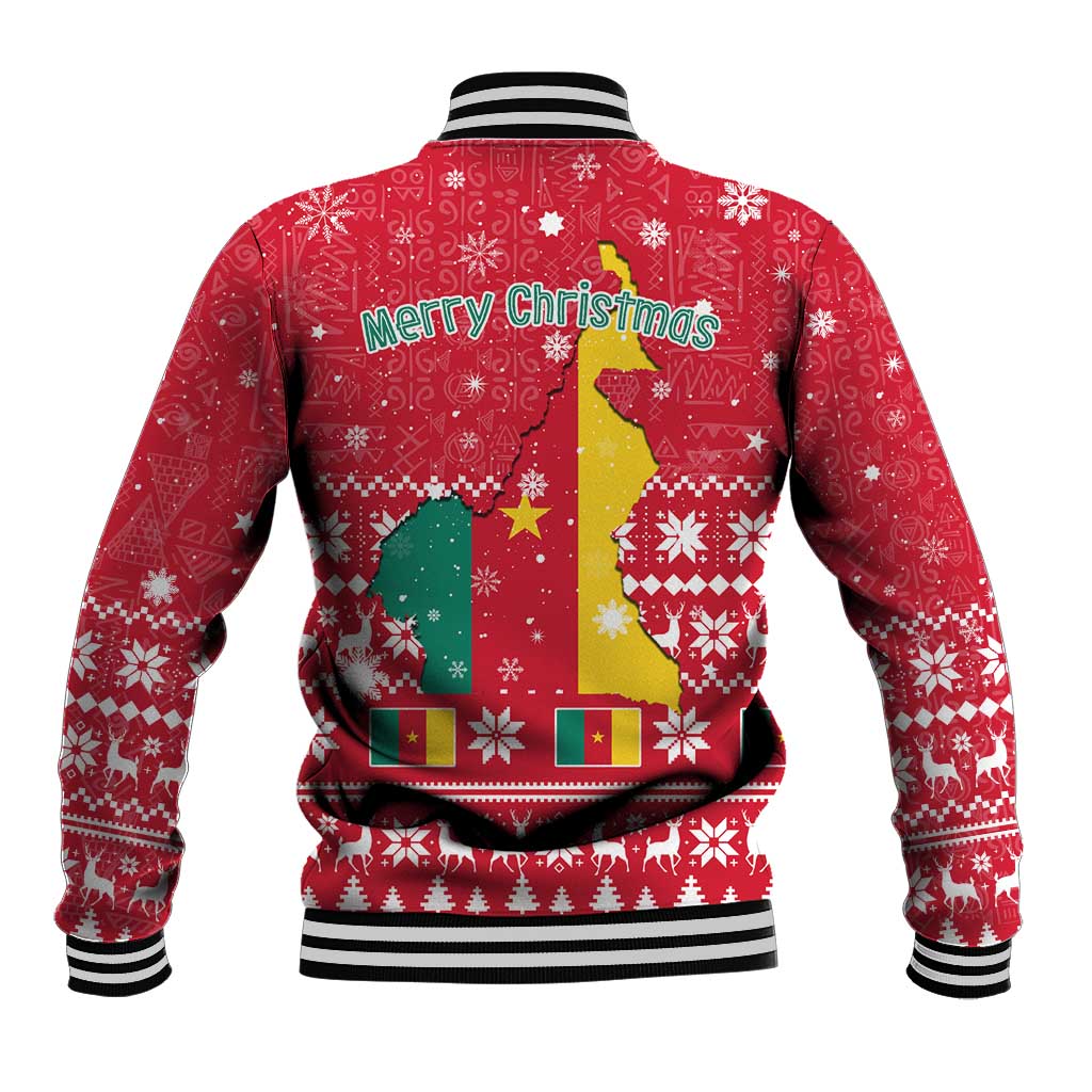 Cameroon Christmas Baseball Jacket with Red Snowflake Pattern Traditional Santa and Map Motif - Wonder Print Shop