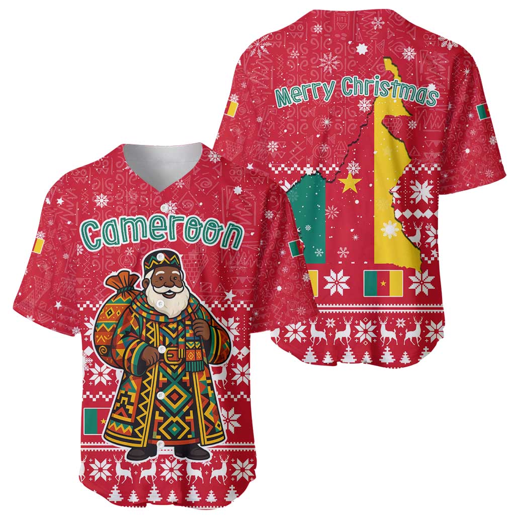 Cameroon Christmas Baseball Jersey with Red Snowflake Pattern Traditional Santa and Map Motif - Wonder Print Shop
