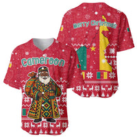Cameroon Christmas Baseball Jersey with Red Snowflake Pattern Traditional Santa and Map Motif - Wonder Print Shop