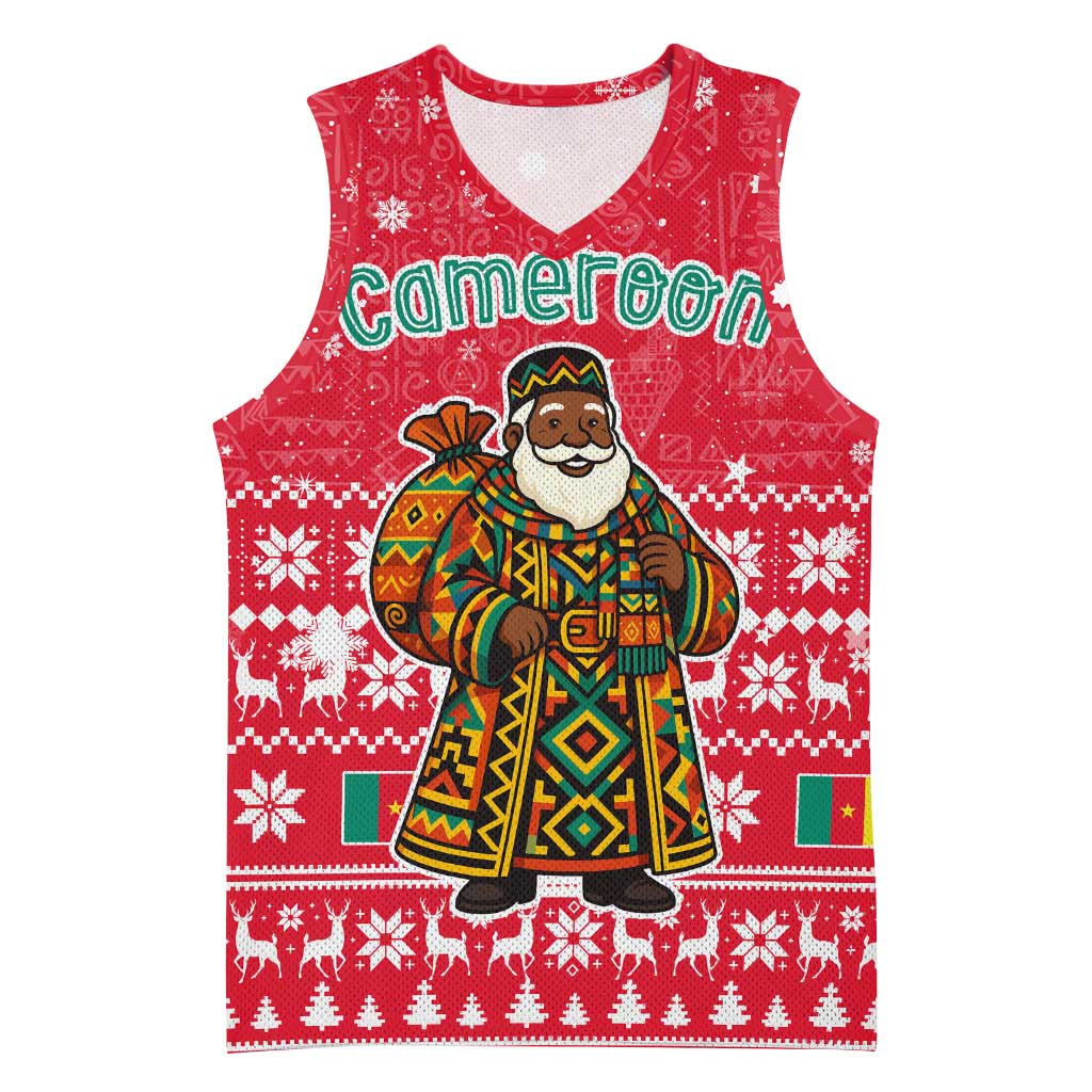 Cameroon Christmas Basketball Jersey with Red Snowflake Pattern Traditional Santa and Map Motif - Wonder Print Shop