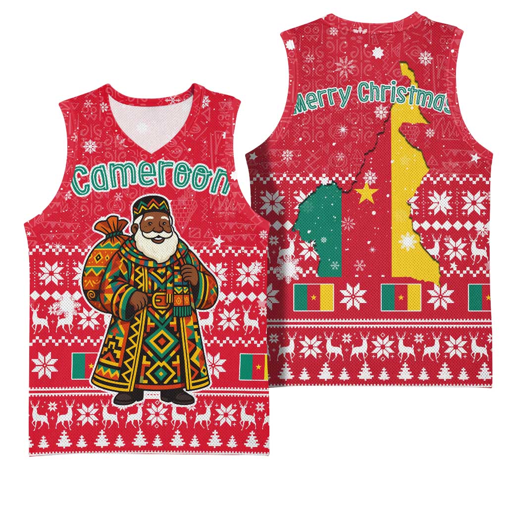 Cameroon Christmas Basketball Jersey with Red Snowflake Pattern Traditional Santa and Map Motif - Wonder Print Shop