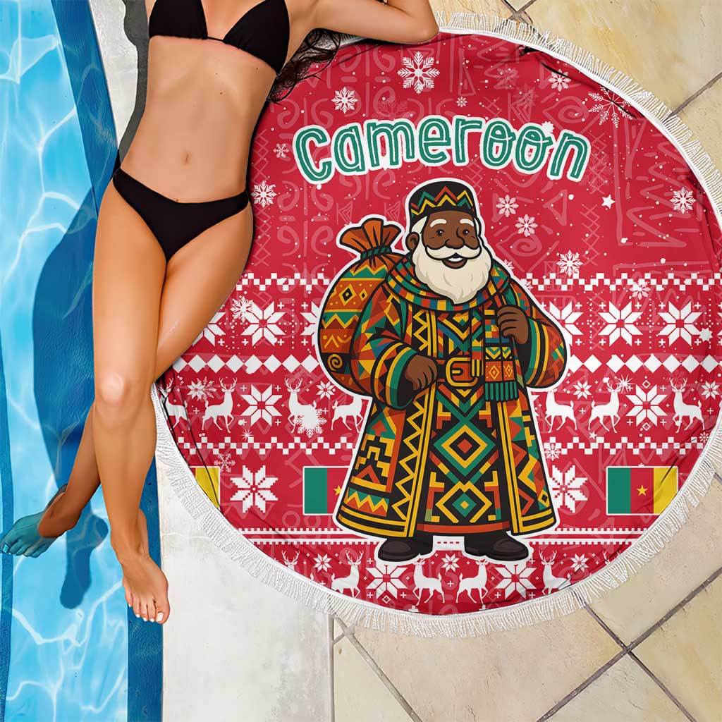 Cameroon Christmas Beach Blanket with Red Snowflake Pattern Traditional Santa and Map Motif - Wonder Print Shop